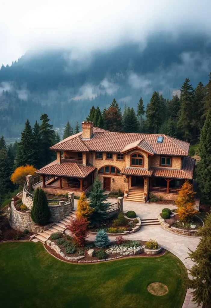 Hillside Tuscan villa with terracotta roof, wraparound stone terrace, vibrant gardens, and panoramic mountain views surrounded by mist and forest.