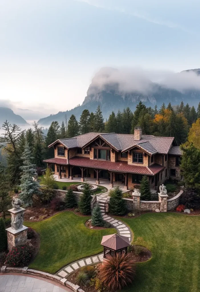 Tuscan villa with stone facade, tiled roof, sculptures in a landscaped garden, stone pathway, and a mountain backdrop enveloped in mist.