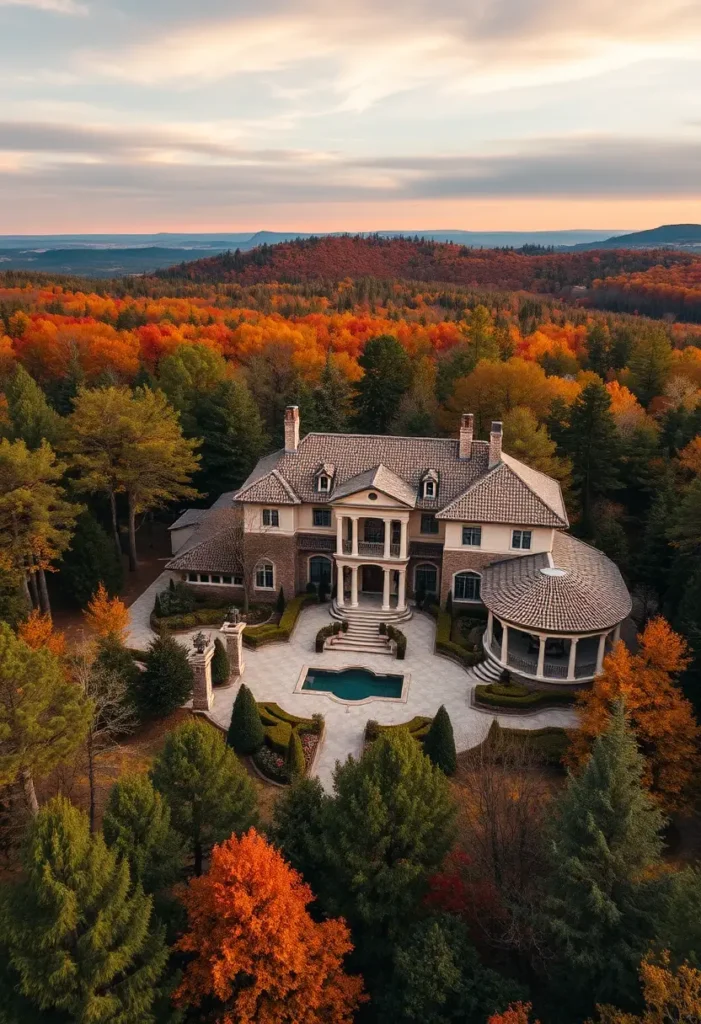  Tuscan villa with symmetrical architecture, terracotta roof, central pool, manicured gardens, and a backdrop of vibrant autumn foliage.