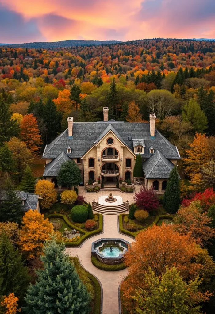 Grand Tuscan estate with a steeply pitched roof, symmetrical gardens, tiered fountains, and surrounded by vibrant fall foliage.