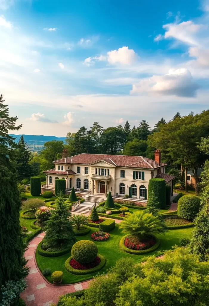 Tuscan-style estate with ivory facade, terracotta roof, manicured gardens, sculpted hedges, and a scenic valley backdrop under a bright blue sky.