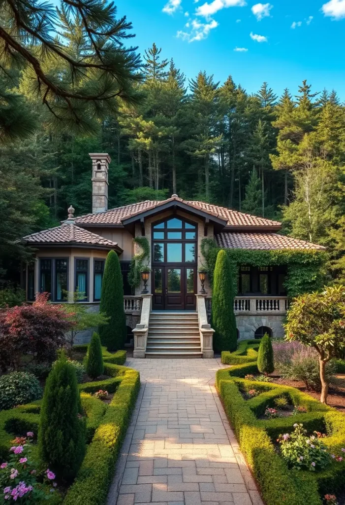 Tuscan villa with terracotta roof, arched windows, symmetrical hedged pathway, and surrounded by dense forest under a bright blue sky.