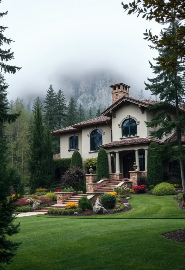 Tuscan villa with a cream facade, terracotta roof, arched windows, colorful landscaping, and a misty mountain backdrop surrounded by greenery.