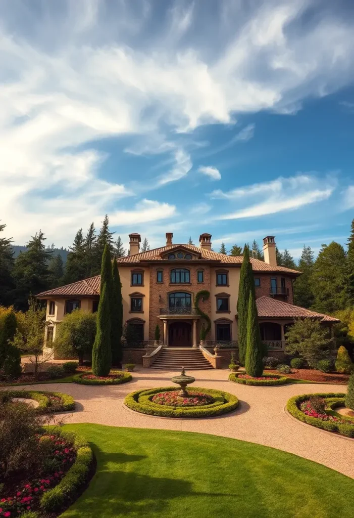 Tuscan villa with symmetrical design, terracotta roof, arched windows, landscaped gardens, circular flowerbeds, and a central fountain under a clear sky.