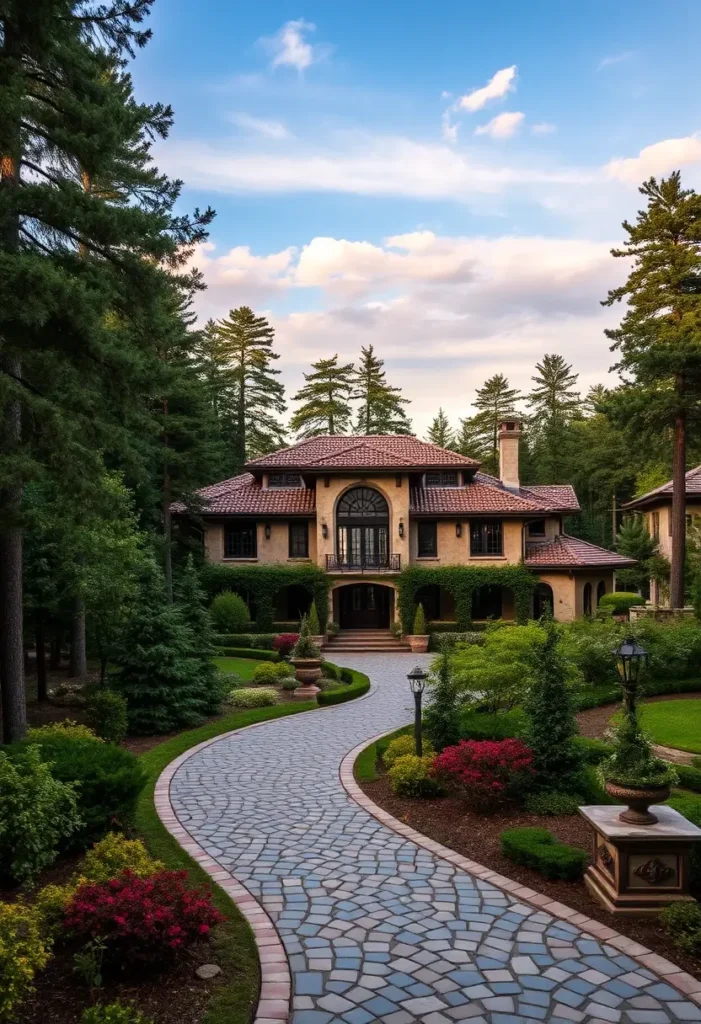 Tuscan villa with terracotta roof, arched windows, cobblestone driveway, ivy-covered facade, and lush landscaping under a blue sky.