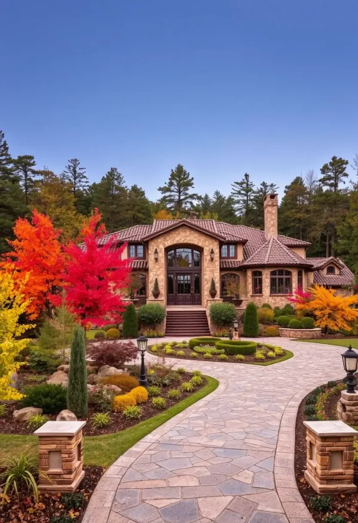 Tuscan villa with a stone facade, terracotta roof, autumn foliage, paved pathway, and vibrant landscaping under a clear blue sky.