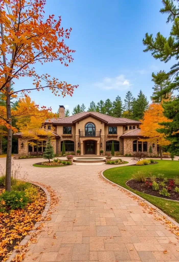 Tuscan villa with a stone facade, terracotta roof, paved driveway, autumn foliage, and manicured gardens under a clear blue sky.