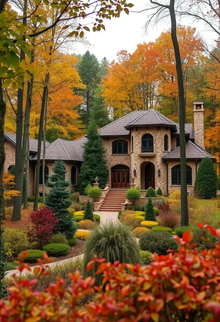 Tuscan villa with stone facade, terracotta roof, arched windows, surrounded by vibrant autumn foliage and manicured gardens.