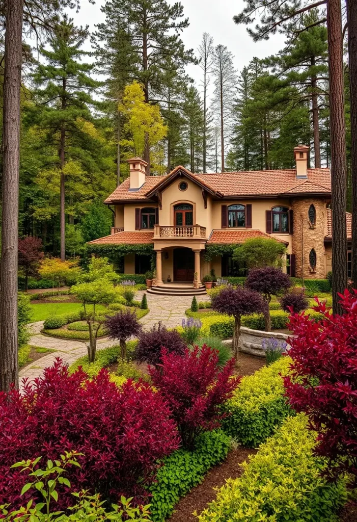 Tuscan villa with terracotta roof, arched windows, vibrant garden with colorful foliage, stone pathway, and surrounded by tall trees.