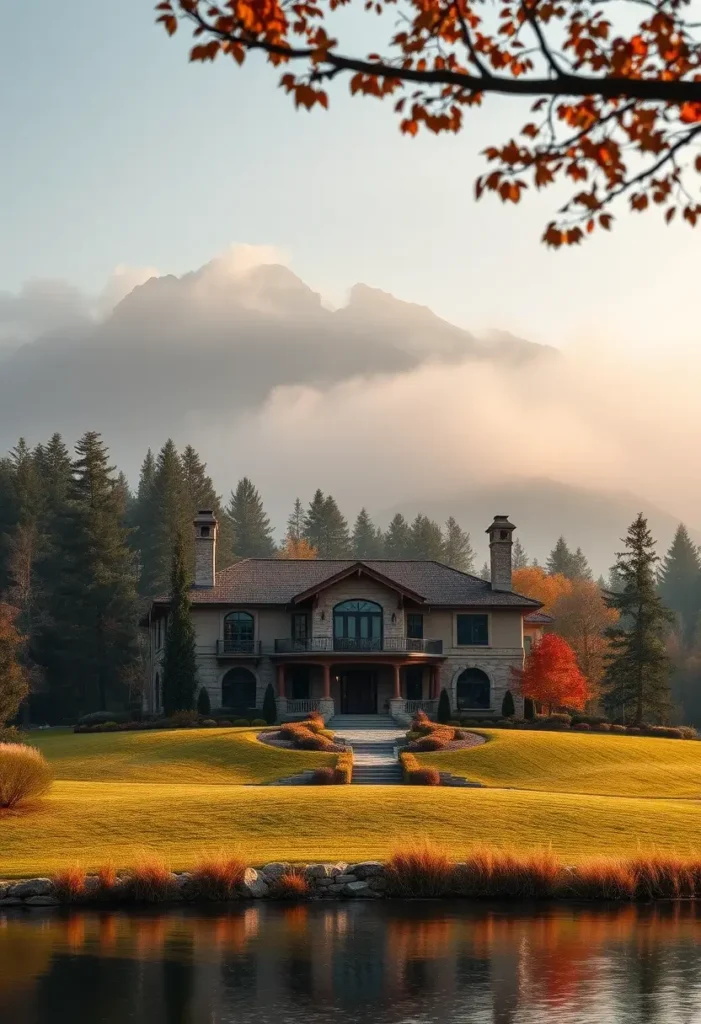 Tuscan villa with stone facade, terracotta roof, lakeside setting, autumnal foliage, and a misty mountain backdrop.