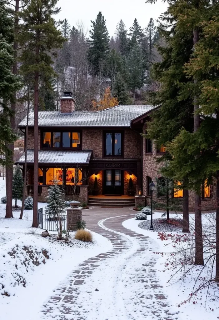 Snow-covered Tuscan villa with stone facade, terracotta roof, glowing windows, winding pathway, and surrounded by winter trees.