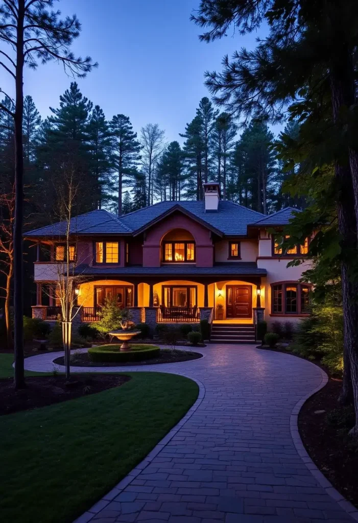 Tuscan villa at dusk with glowing lights, arched windows, terracotta roof, cobblestone pathway, and a central garden fountain surrounded by forest.