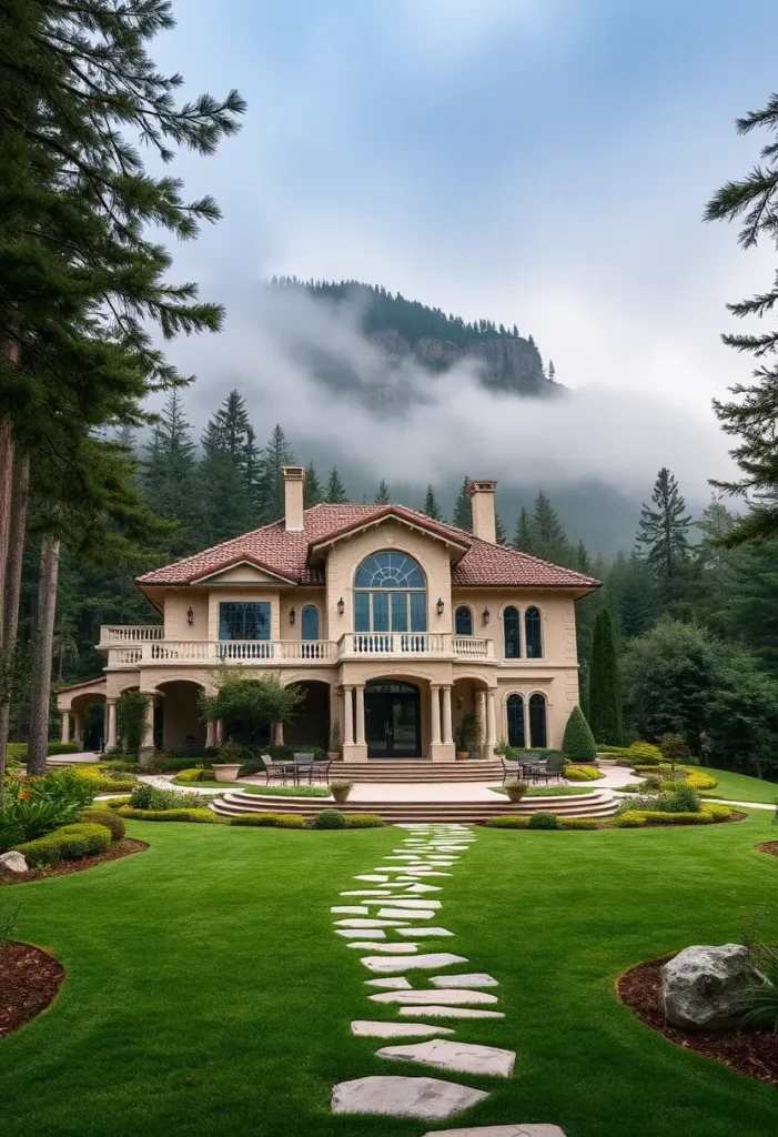 Tuscan villa with terracotta roof, arched windows, stone pathway, lush gardens, and mountain backdrop shrouded in mist. Tuscan Villas