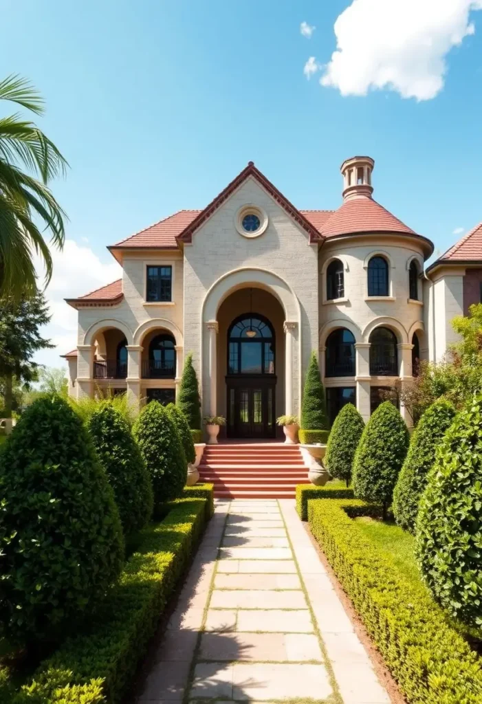 Mediterranean-style villa with red-tiled roof, grand arches, and a landscaped garden pathway leading to the entrance.