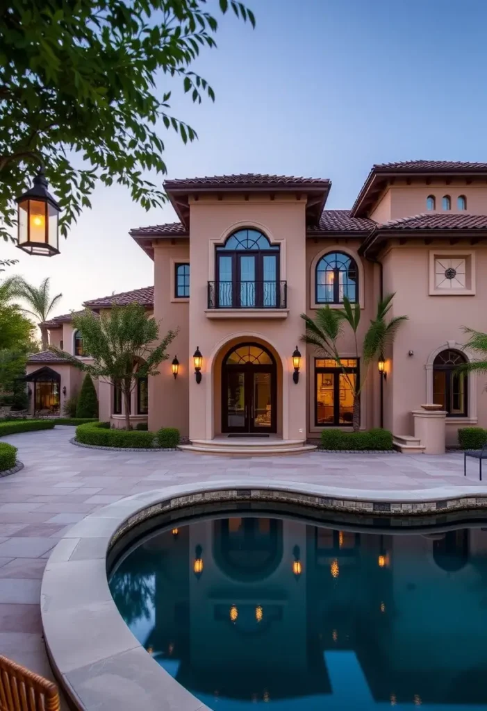 Elegant villa courtyard with stucco walls, arched windows, and a serene pool surrounded by lush greenery and soft outdoor lighting.