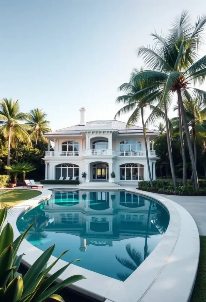 Tropical villa with a white facade, large curved pool, and lush palm trees, offering a blend of elegance and serene island vibes.