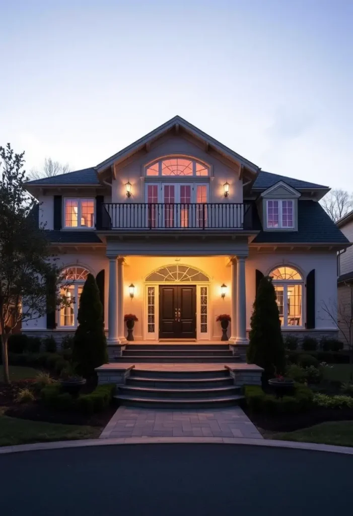 Two-story villa with warm exterior lighting, arched windows, a grand balcony, and a welcoming entrance framed by trees and lantern-style lights.