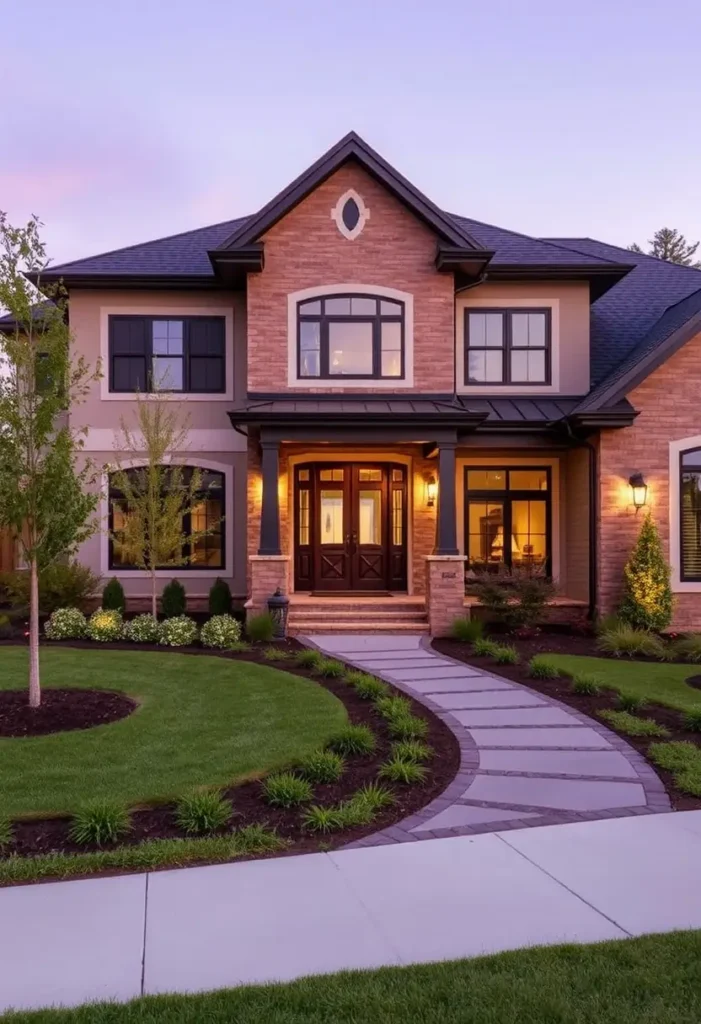 Brick villa with black-framed windows, curved walkway, lush landscaping, and warmly lit entryway, blending modern design with inviting charm.