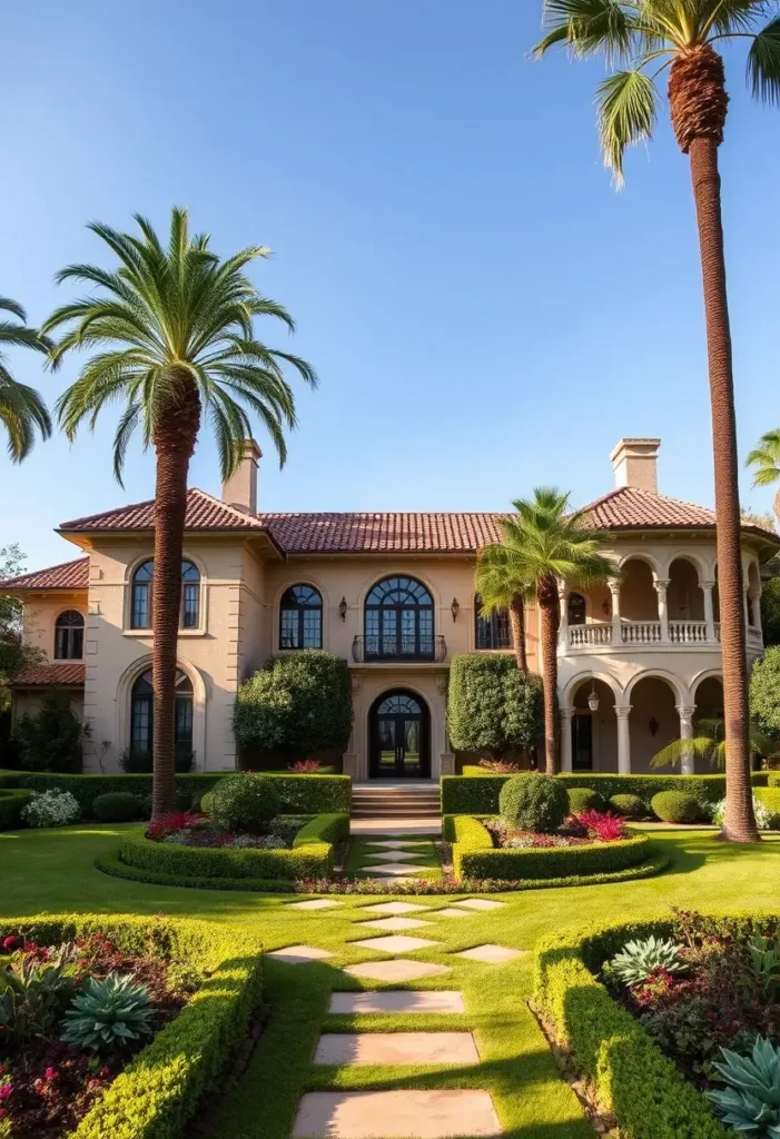 Mediterranean villa with a terracotta roof, arched balconies, manicured gardens, and a pathway lined with palm trees and vibrant greenery.