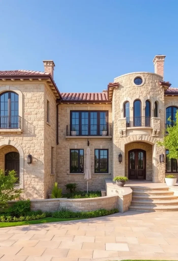 Rustic stone villa with terracotta roof, arched windows, a curved tower, and landscaped greenery surrounding a grand entryway.