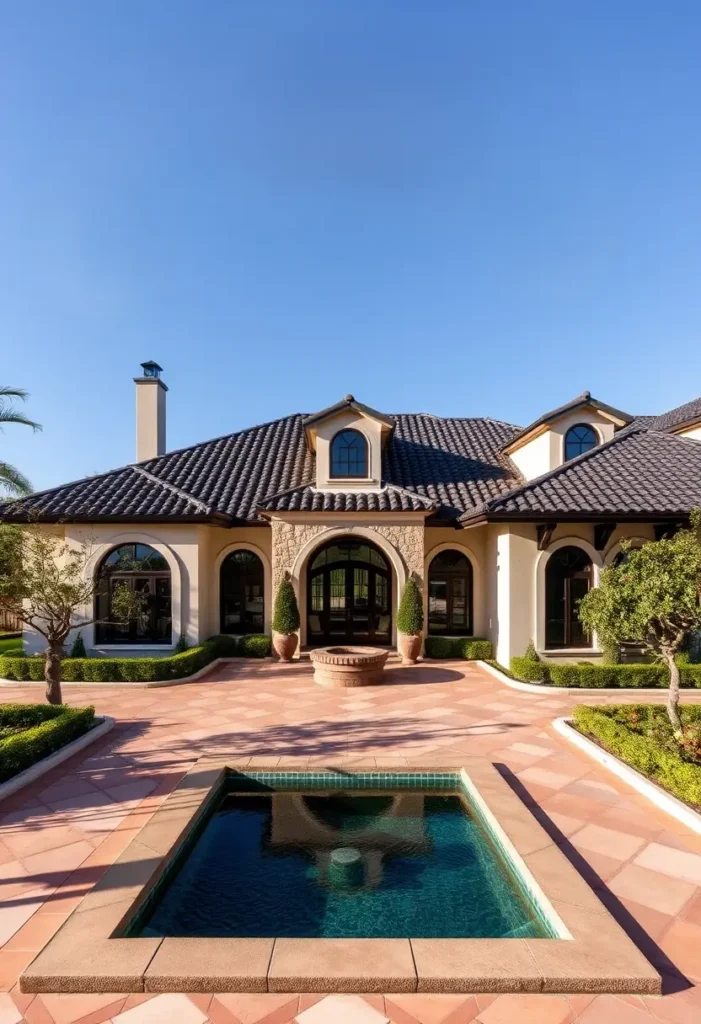 Villa with a tiled courtyard, small pool, dark roof tiles, arched windows, and a grand entrance framed by intricate stonework and manicured greenery.