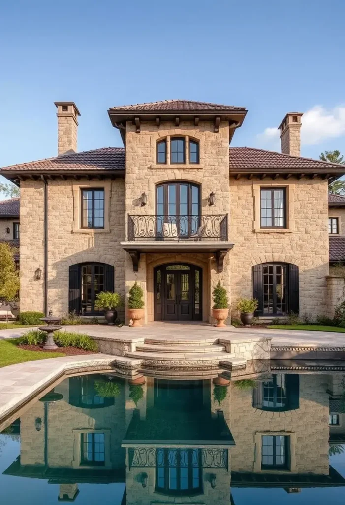 Stone villa with a terracotta roof, wrought-iron balcony, arched windows, and a reflective pool surrounded by manicured greenery.