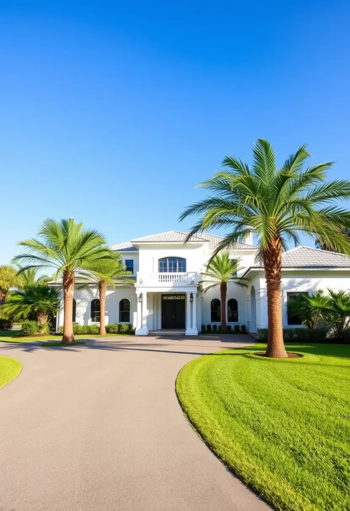 White villa surrounded by palm trees, with a large curved driveway, lush green lawn, and grand entryway.