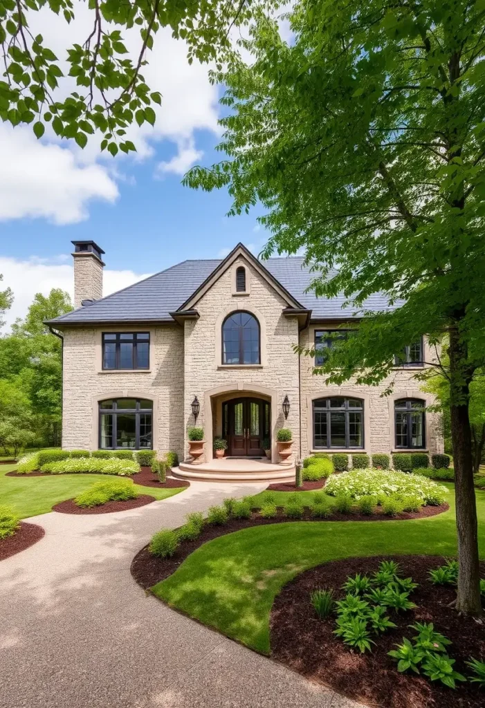 Countryside villa with a stone facade, dark-framed windows, manicured gardens, and a curved walkway leading to a welcoming entrance.