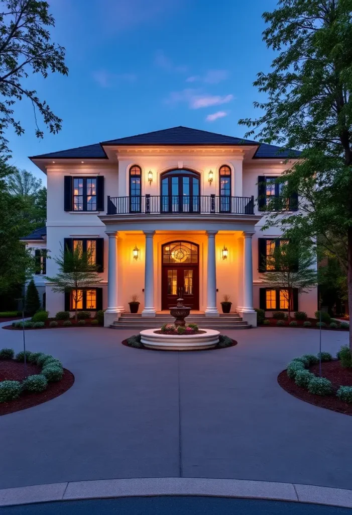 Colonial-style villa with stately columns, a circular driveway, a central fountain, and warm exterior lighting highlighting the elegant architecture.