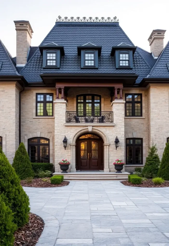 French chateau-style villa with a steep slate roof, stone facade, arched windows, wrought-iron balcony, and manicured landscaping.