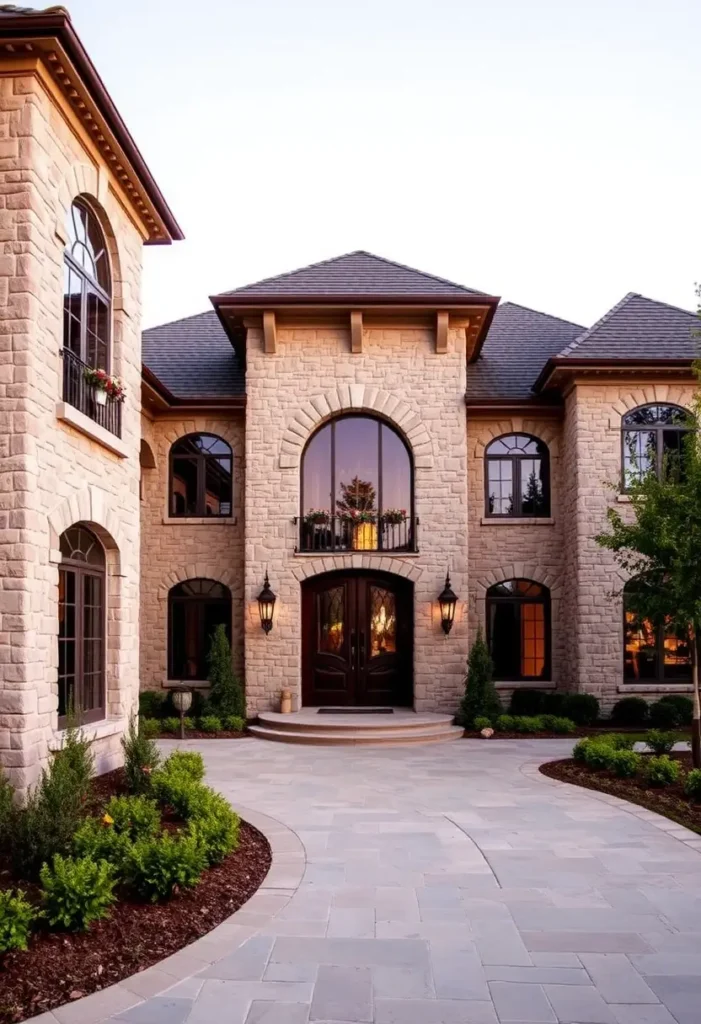 Modern stone villa with large arched windows, a grand entrance, outdoor lanterns, and a beautifully landscaped pathway.