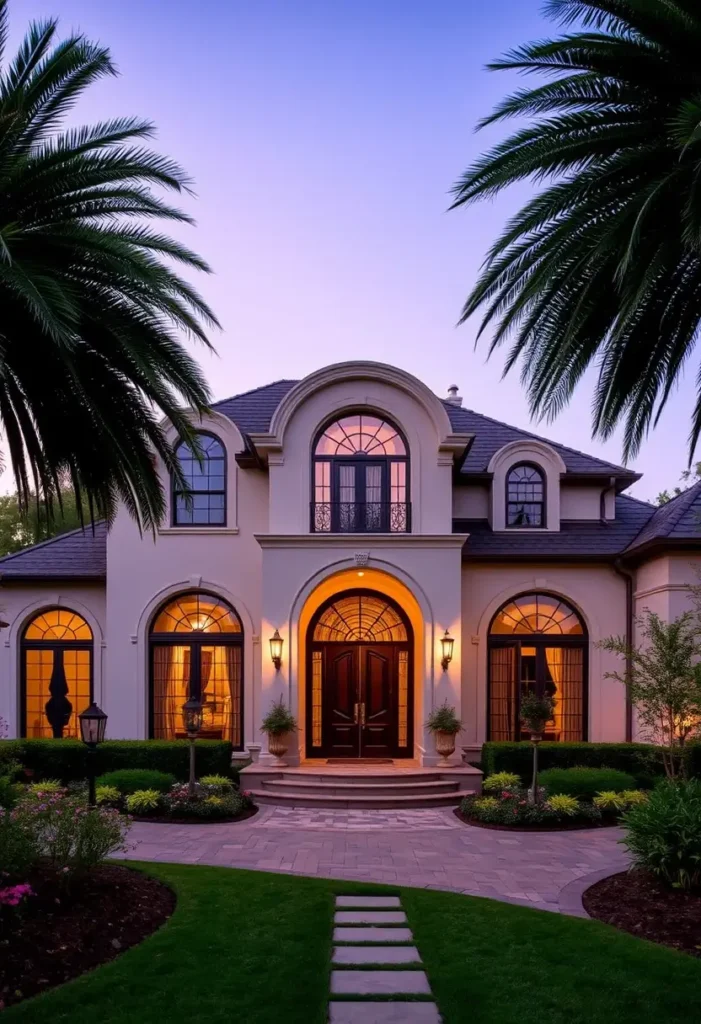 Sophisticated villa with arched windows, a double-door entrance, palm trees, soft lighting, and a landscaped garden pathway.