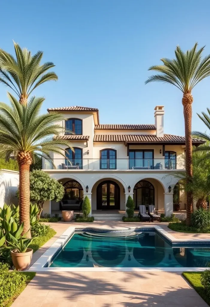 Mediterranean-style villa with arched terraces, terracotta roof, a luxurious pool, and palm trees creating a serene tropical setting.