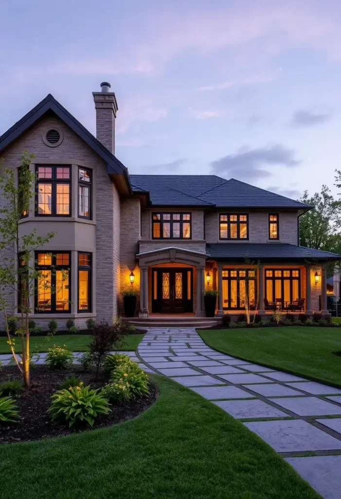 Contemporary villa with a bay window, warmly lit entrance, paved pathway, and lush landscaping, exuding a cozy evening ambiance.