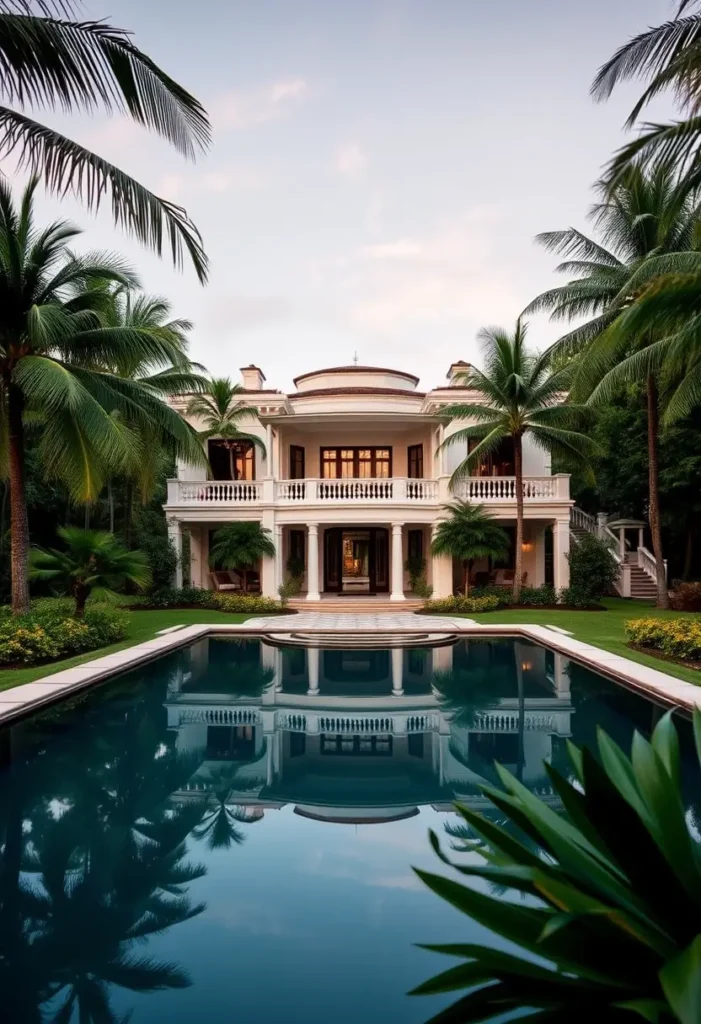 Colonial-style villa with elegant columns, large balconies, a grand pool, and lush tropical palms in a serene setting.