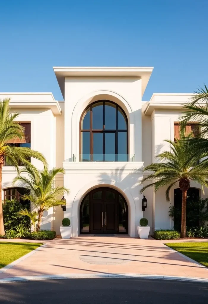 Contemporary white coastal villa with a grand arched window, clean lines, palm trees, and minimalist landscaping.