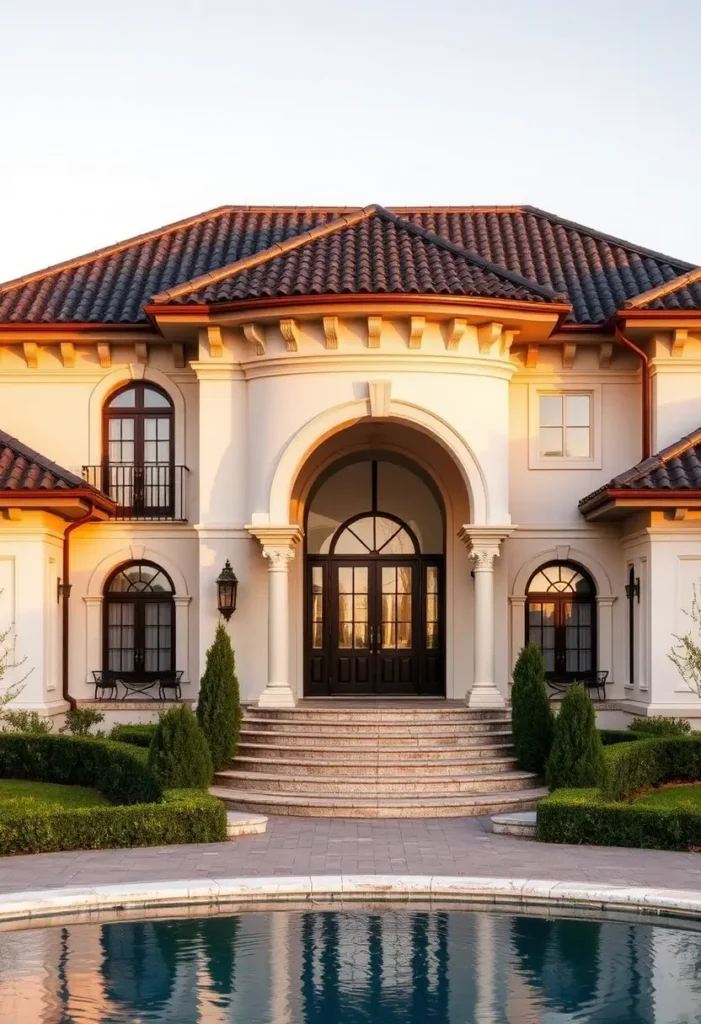 Mediterranean villa with terracotta roof, grand arched entrance, elegant columns, curved staircase, and a serene pool in the foreground.