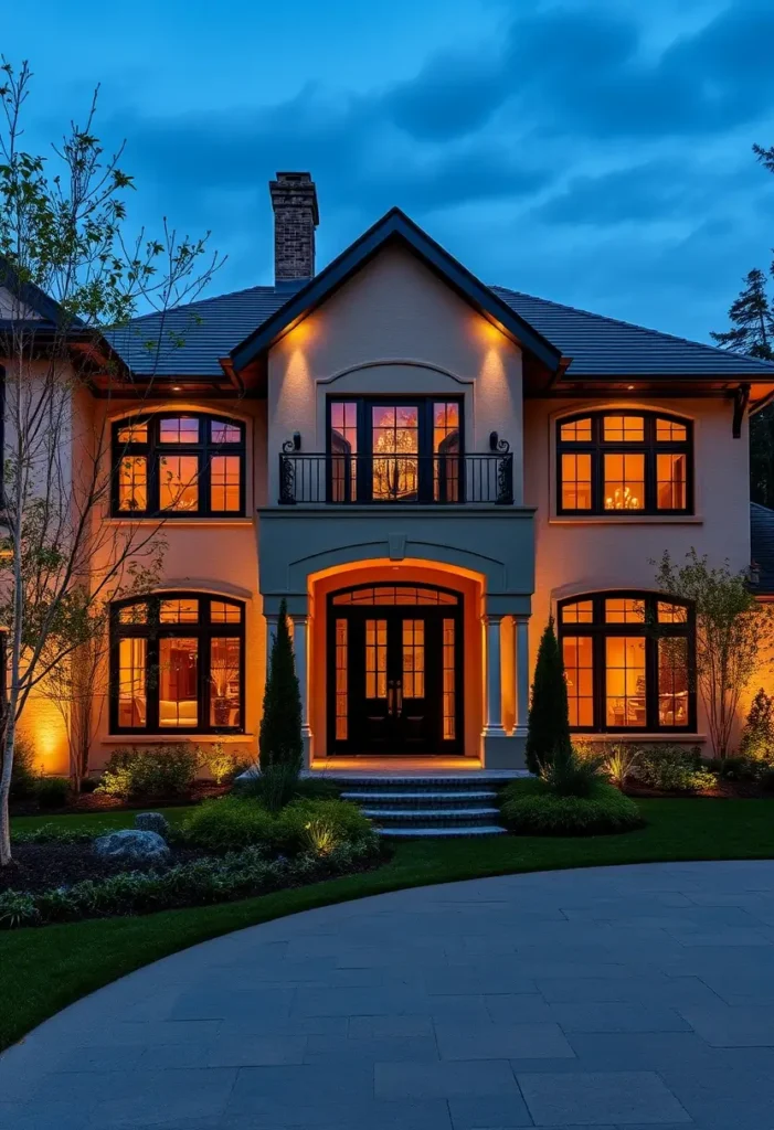 Elegant villa with soft evening lighting, symmetrical windows, a charming balcony, and a warm glow from the illuminated interiors.