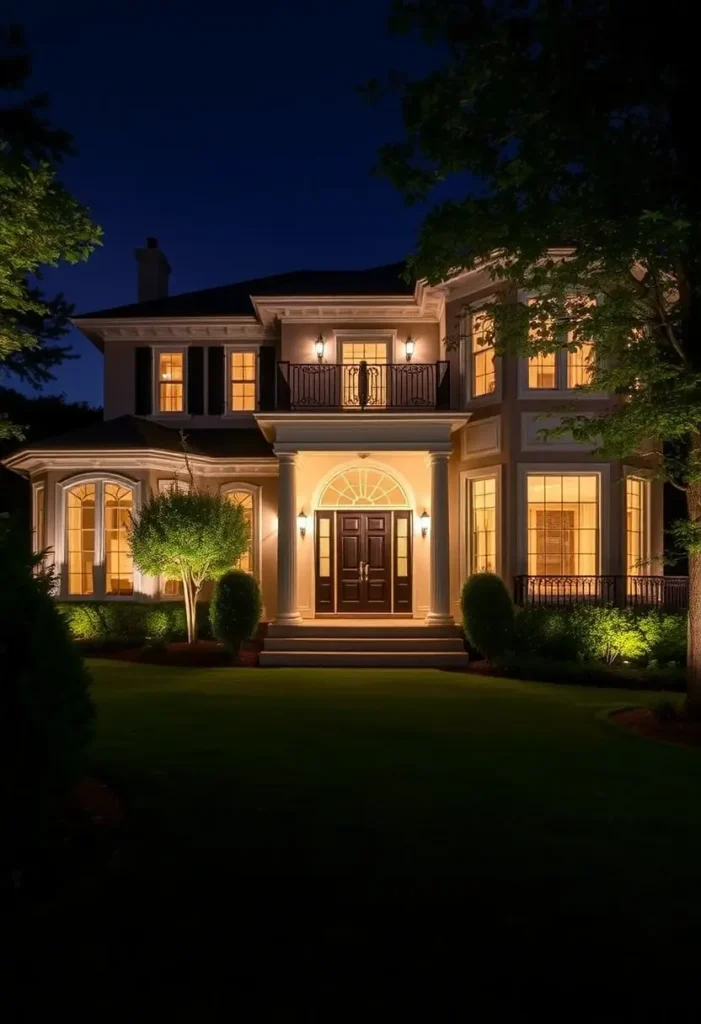 Classic villa illuminated at night with warm lighting, an arched entrance, symmetrical design, and a charming balcony surrounded by greenery.