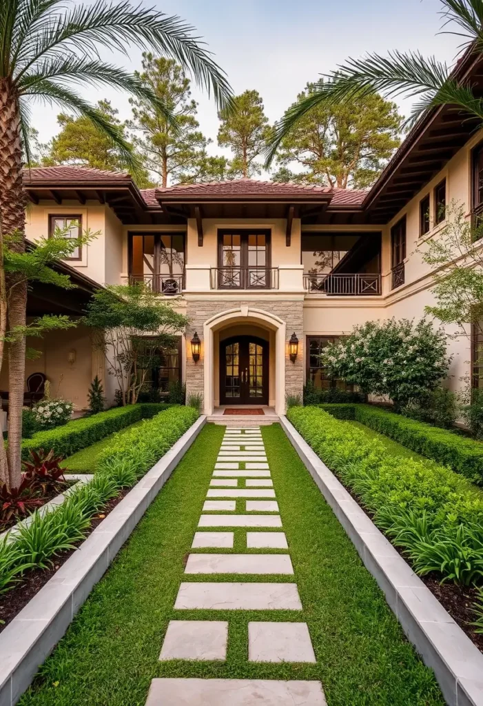 Tropical courtyard villa with an arched entrance, elegant pathway, lush greenery, tall palm trees, and upper-level balconies.