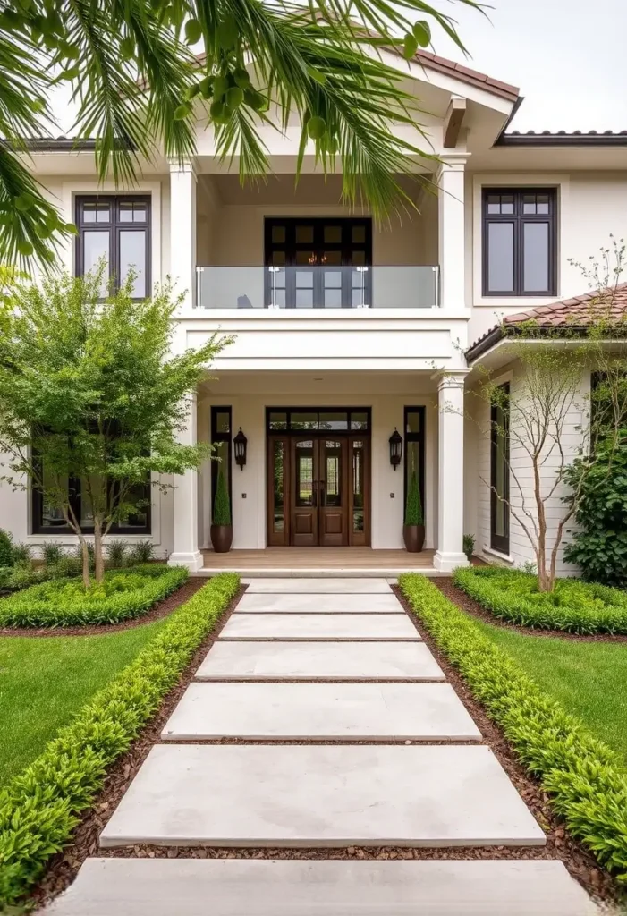 Contemporary villa with a sleek stone pathway, glass-paneled doors, a second-story balcony, and symmetrical landscaping.