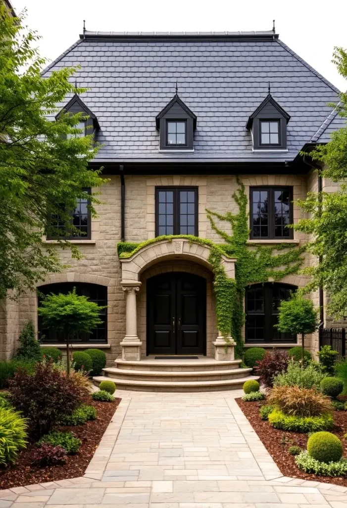 European-style villa with ivy-draped stone walls, arched double doors, a slate roof, dormer windows, and manicured landscaping.