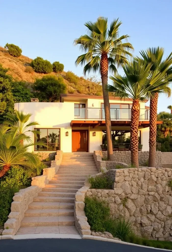 Mediterranean-style villa with white walls, natural stone steps and walls, palm trees, and a glass-paneled balcony.