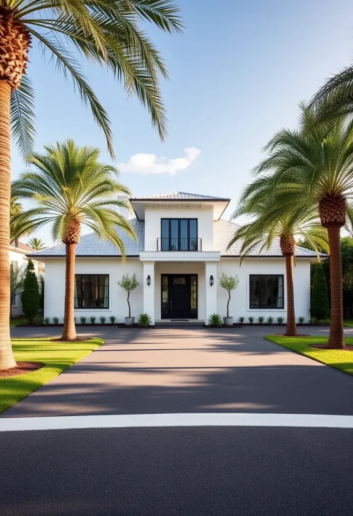 Modern white villa with palm trees lining the driveway, black double doors, and clean, symmetrical architecture.