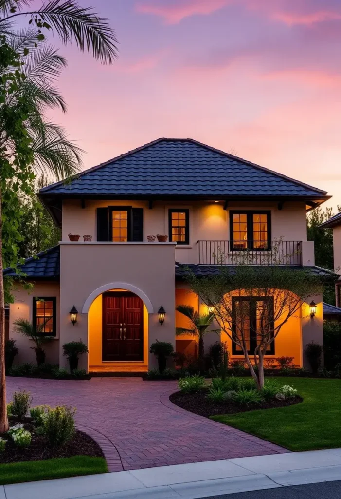 Mediterranean-style villa with a blue tiled roof, arched wooden doors, and sunset lighting enhancing the warm-toned facade.