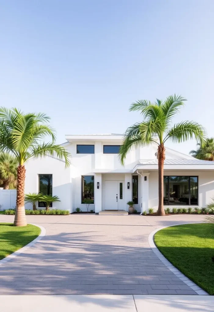 Modern white villa with minimalist architecture, palm trees framing the driveway, and a clean, geometric facade. Villas