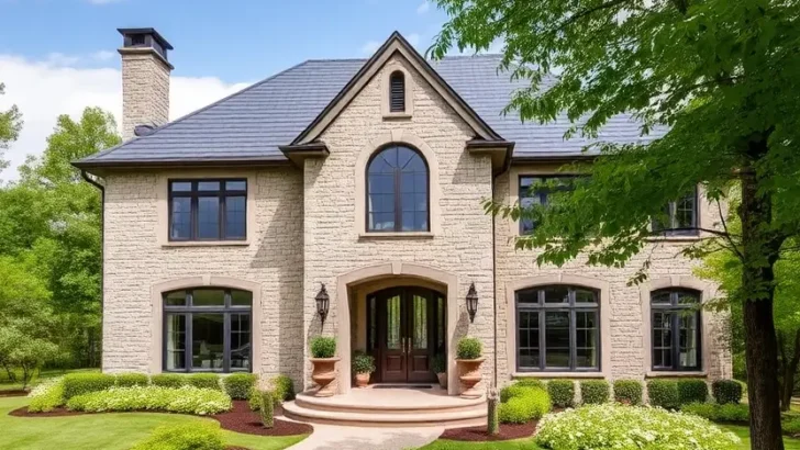 Countryside villa with a stone facade, dark-framed windows, manicured gardens, and a curved walkway leading to a welcoming entrance. II