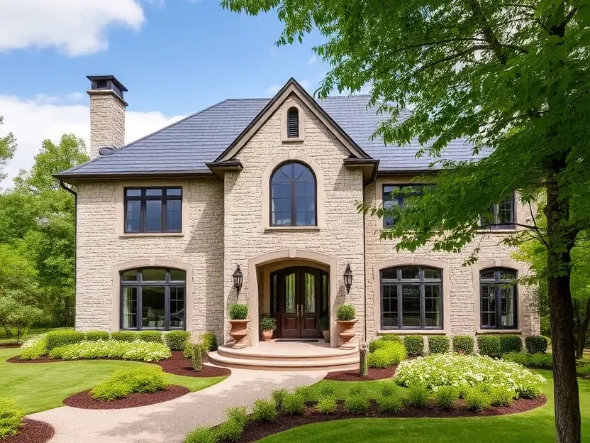 Countryside villa with a stone facade, dark-framed windows, manicured gardens, and a curved walkway leading to a welcoming entrance. II