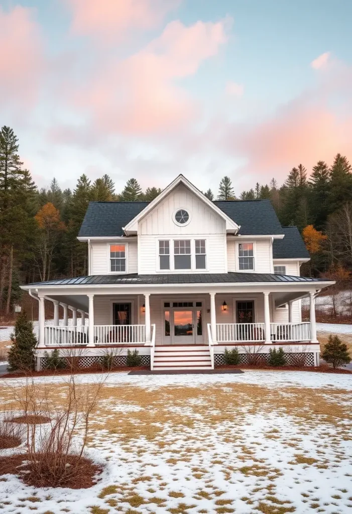 White farmhouse with a wraparound porch, black gable roof, and snow-covered surroundings in a wooded area at sunset.