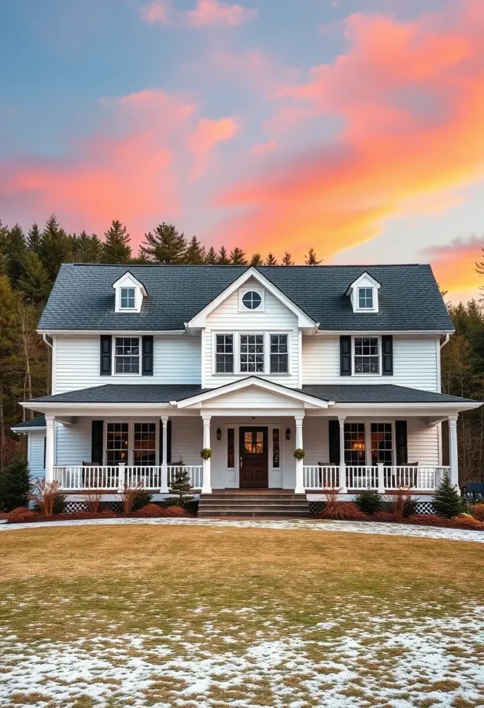 White farmhouse with black shutters, wraparound porch, and a wide front lawn, set against a vibrant sunset sky.